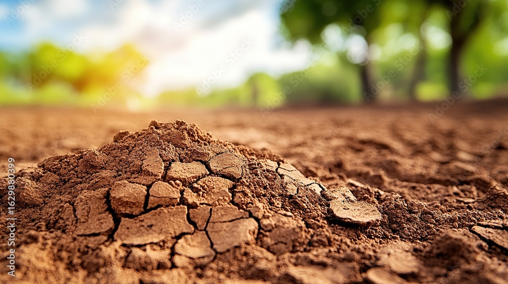 Obraz premium Close-up of parched, cracked earth in a field under a bright sky
