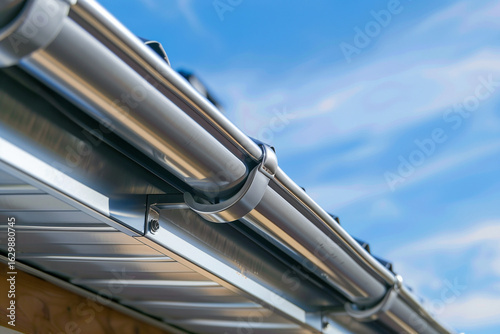 close-up of aluminum gutter system attached to house roof edge, bright sky