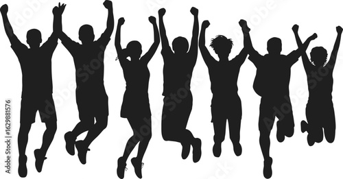 Vector silhouettes of people dancing, jumping, and having fun in a group, showcasing evolution, movement, and teamwork