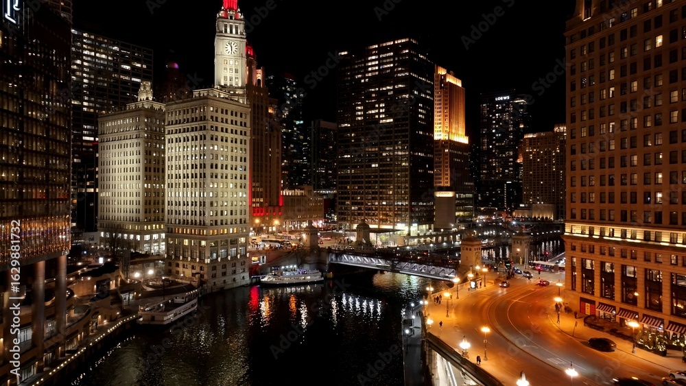 Fototapeta premium Night Downtown Chicago In Chicago Illinois United States. Bustling Downtown Cityscape With Modern Buildings. Building Industry Landscape Commercial Building Vibrant. Industry Urban Town.