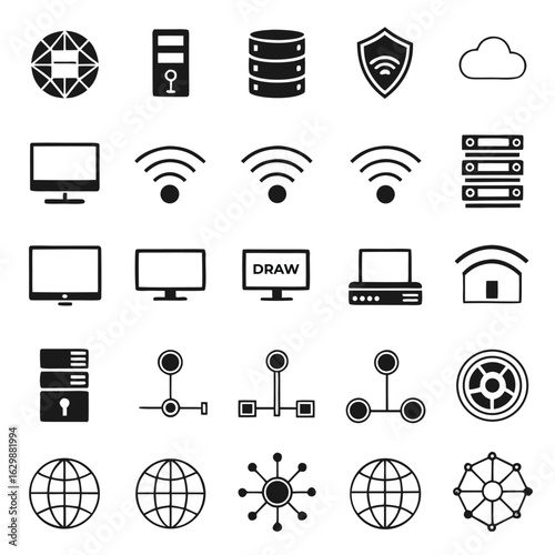 Collection of technology and network icons in a grid layout