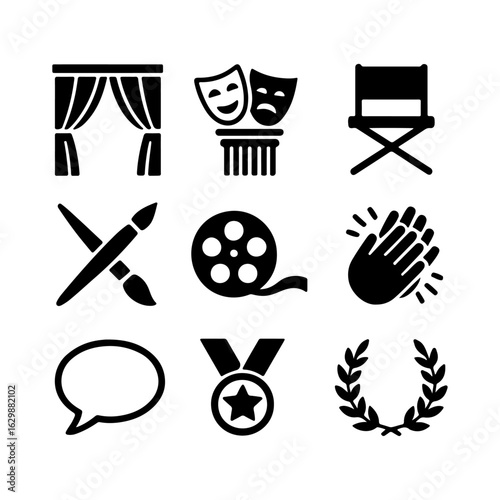 Black vector icons set of theater, cinema and comedy on transparent background
