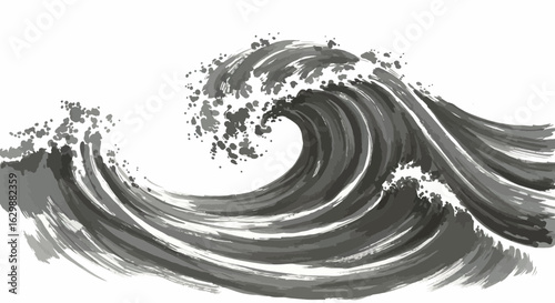 Dynamic monochrome wave illustration against a bright white background display