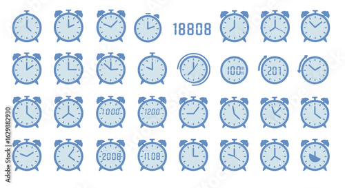 Assortment of Timekeeping Alarm Clock Icons Depicting Time with Digital and Analog Faces
