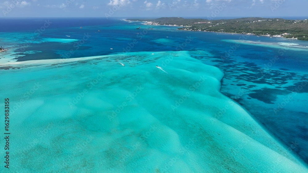 Fototapeta premium Caribbean Skyline In San Andres Caribbean Island Colombia. Aerial View Of Stunning Beach With Crystal Clear Waters. Shore Horizon Beach Sea. Shore Seaside Tropical Environment.