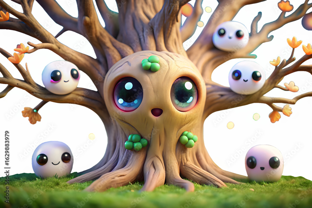 Obraz premium Whimsical fantasy tree creature with cute, friendly characters nestled in its branches, evoking a magical and enchanting forest atmosphere, isolated on transparent background