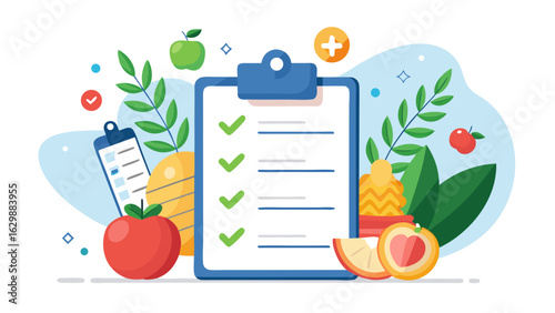 Vector art of healthy eating checklist with fruits like apples, peaches, and pineapple, representing a balanced diet and wellness plan for a healthy lifestyle
