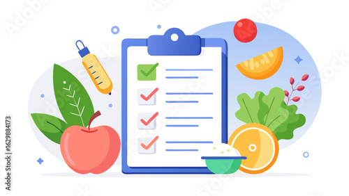 Vector art of healthy eating checklist with fresh fruits and vegetables, representing a diet plan for nutrition and wellness, isolated on white background