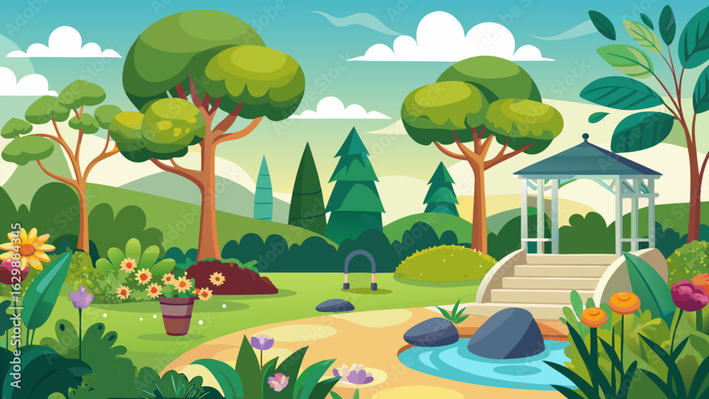 Obraz premium Vector art of a picturesque park landscape with lush green trees, blooming flowers, a winding path, and a serene pond, creating a tranquil and inviting outdoor setting