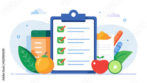 Vector art of healthy lifestyle checklist with fresh fruit and medicine, representing diet, nutrition, and wellness for a healthy life