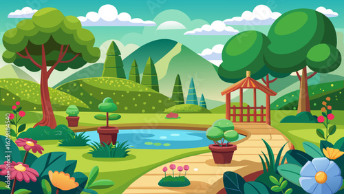 Vector art of beautiful park landscape with a pond, gazebo, trees, flowers, and rolling hills under a blue sky with clouds, perfect for a serene outdoor spring or summer day