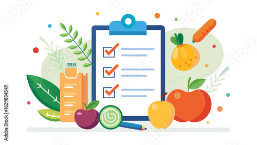 Vector art of health and nutrition checklist on a clipboard with fresh fruits, vegetables, and a pencil, representing a healthy lifestyle plan and goal achievement
