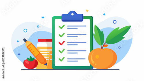 Vector art of healthy eating checklist on a clipboard with fresh fruits, vegetables, a pen, and jar, symbolizing a diet plan, wellness, and successful goal achievement