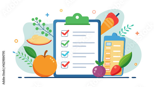 Vector art of healthy eating checklist with fresh fruits and vegetables, representing a diet plan, nutrition goals, and wellness lifestyle choices for a balanced life