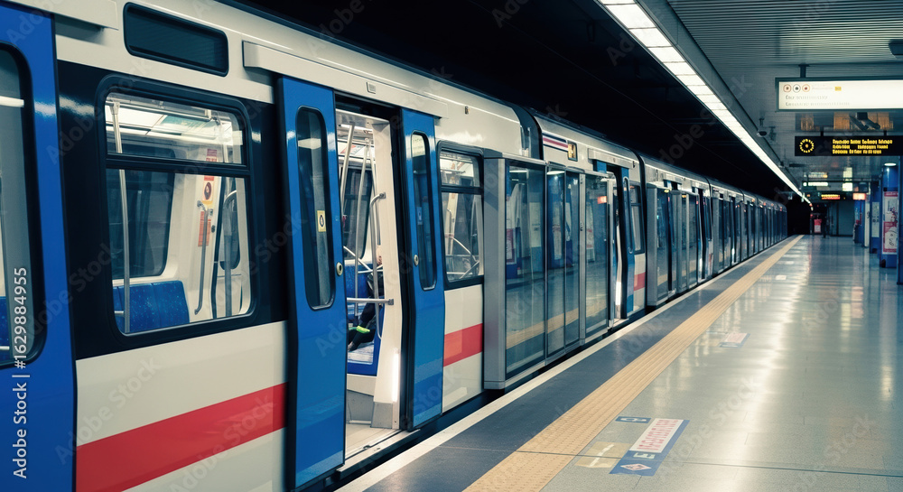 Fototapeta premium Subway train awaits passengers at station, doors open, ready to depart. Subway train provides efficient urban transport, easing congestion, reducing travel times within city.