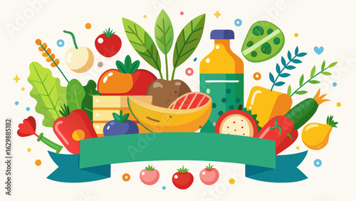 Vector art of a vibrant and colorful flat illustration showcasing a bountiful assortment of fresh fruits and vegetables, perfect for healthy eating and lifestyle themes