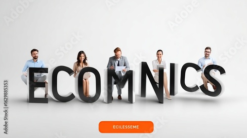 Diverse professionals interacting with large 3D ECOMNICS letters in a clean setting.