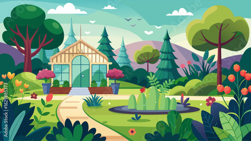 Vector art of a picturesque garden scene with a charming greenhouse, lush greenery, colorful flowers, and a winding path, creating a serene and inviting atmosphere