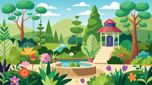 Vector art of a serene garden landscape featuring a quaint gazebo, a tranquil water feature, vibrant flowers, and manicured trees, evoking a sense of peace and natural beauty