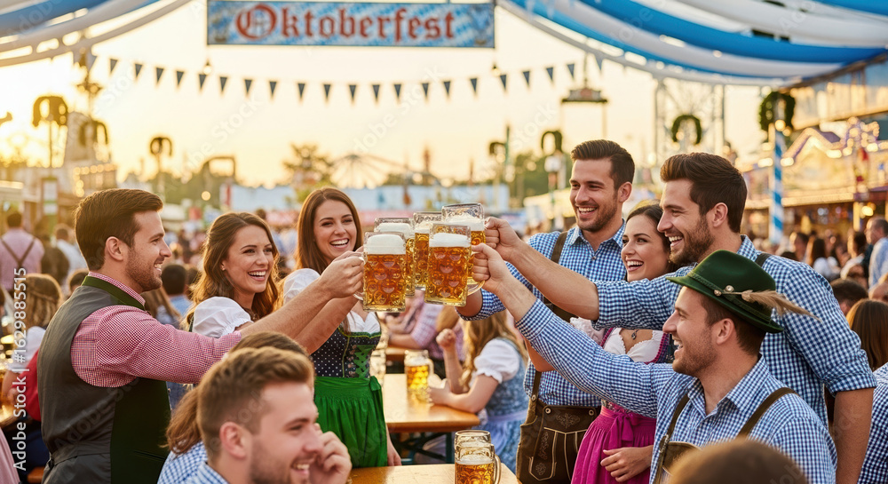 Fototapeta premium Oktoberfest celebration shows group of friends toasting beer, enjoying party under festive tent. Oktoberfest celebration atmosphere with people raising beer glasses,