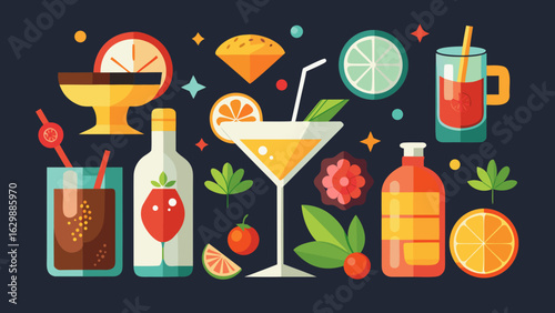 Vector art of assortment of colorful cocktails and bar ingredients, including bottles, glasses, fruits, and garnishes, for a festive atmosphere