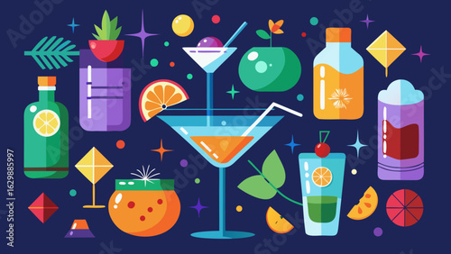 Vector art of collection of stylish cocktails in various glasses with fruits and garnishes, evoking a modern and vibrant bar or party scene