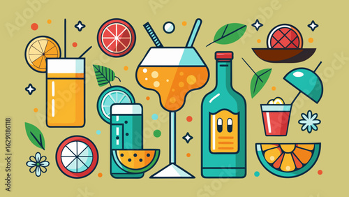 Vector art of a colorful flat design illustration featuring refreshing drinks like cocktails and juices, adorned with citrus slices, fruit, and garnishes, on a light yellow background