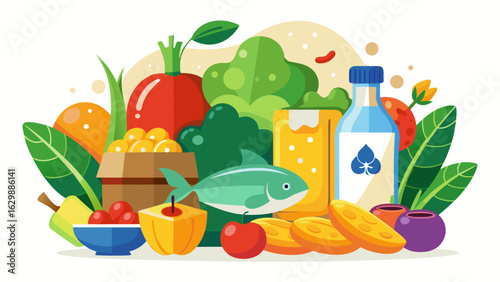 Vector art of a vibrant flat design illustration of a healthy assortment of food and beverages, including fresh fruits, vegetables, fish, grains, and drinks, on a white background