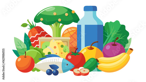Vector art of a vibrant and healthy assortment of fresh fruits, vegetables, fish, and a bottle of liquid, suggesting a balanced and nutritious diet