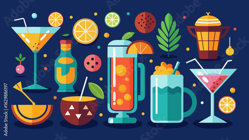 Vector art of an eclectic assortment of various alcoholic and nonalcoholic drinks, including cocktails, coffee, and juices, displayed against a dark background