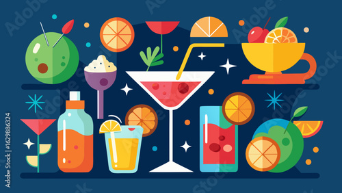 Vector art of a stylish flat design illustration showcasing a variety of alcoholic cocktails and refreshing drinks with fruit garnishes, presented on a dark background
