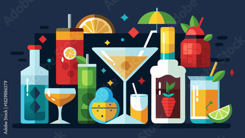 Vector art of a stylish flat illustration displaying a variety of colorful cocktails and beverages in different glasses and bottles, suggesting a festive atmosphere and nightlife