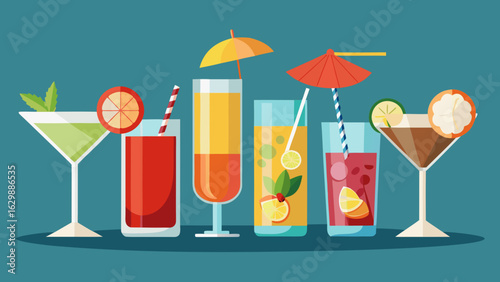 Vector art of assortment of colorful and refreshing cocktails garnished with fruit, umbrellas, and straws, perfect for summer parties, celebrations, and relaxing occasions