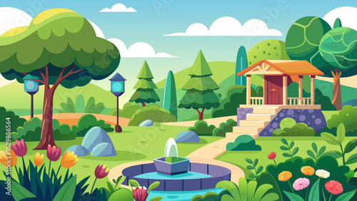 Vector art of beautiful park landscape with lush green trees, colorful flowers, a tranquil pond with a fountain, and a charming cottage, perfect for a peaceful outdoor retreat