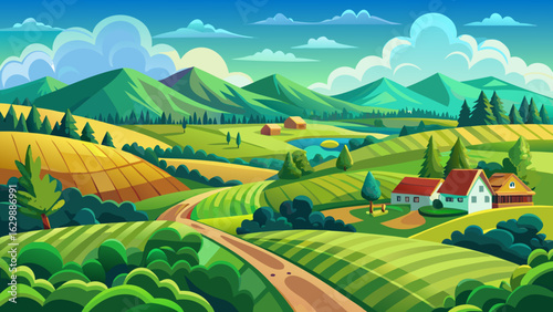 A Beautiful Green Landscape of Countryside Fields and Roads