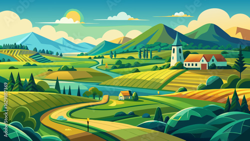 A Beautiful Green Landscape of Countryside Fields and Roads