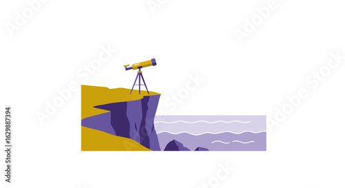 Sea cliff viewpoint with telescope in gold and violet flat style