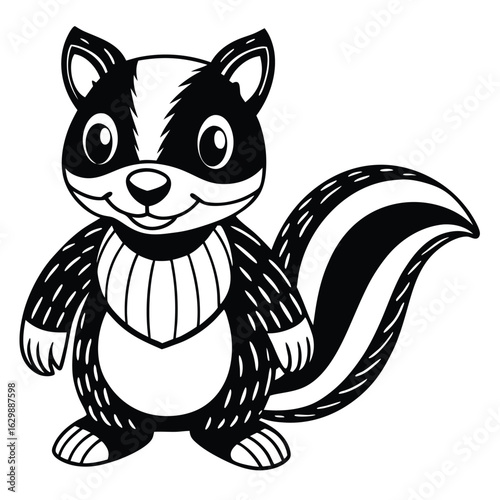 Cartoon skunk isolated on white background in black and white