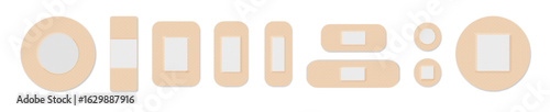 Medical plasters. Bandages set. Adhesive bandage for first aid for wounds operations and skin injuries. Protecting open wound from infection. Vector