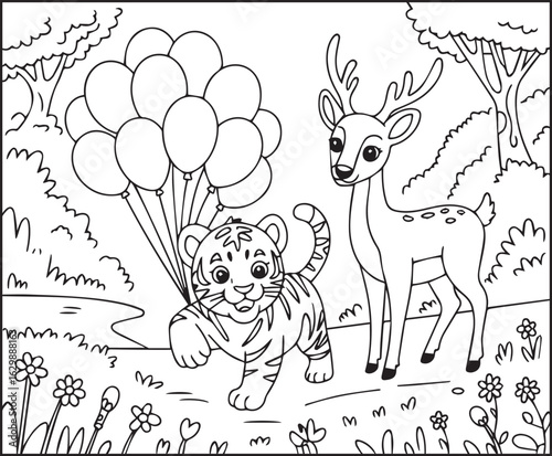 Cute tiger with balloons bouquet and playing with deer in jungle natural scenery black outline vector illustration coloring book for kids and adults