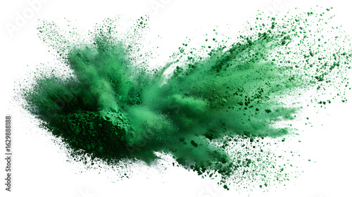 Green pigment powder burst, captured mid-air, isolated on white