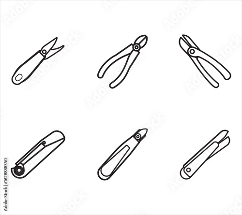 Outline illustrations of cutting tools showcasing wire cutters and nail clippers arranged on a seamless white backdrop in simple artistic style
