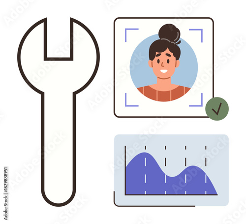 Wrench symbol, person photo with a selection box and checkmark, graph chart. Ideal for user management, profile optimization, analytics tools, data customization, tech services, process enhancement