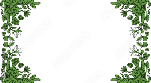 Stylized Green Floral Corner Border with Intricate Leaves and Abstract Flowers.