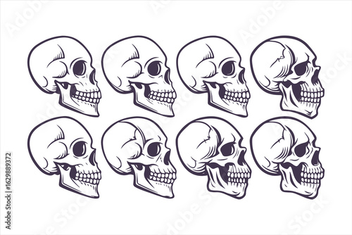 Collection of hand-drawn angry skull illustrations. Black and white scary human head symbol for Halloween or gothic design.