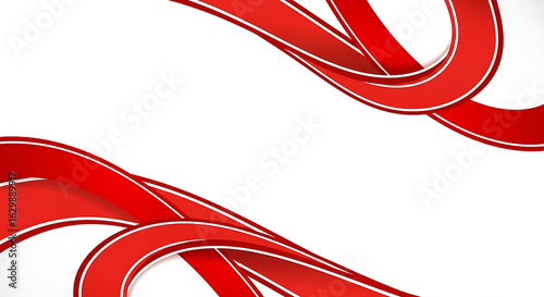 Dynamic frame of layered red ribbons with white outlines flowing in elegant curves with gradient shading.