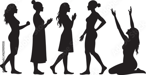 Diverse women silhouettes show joy, prayer, and celebration together