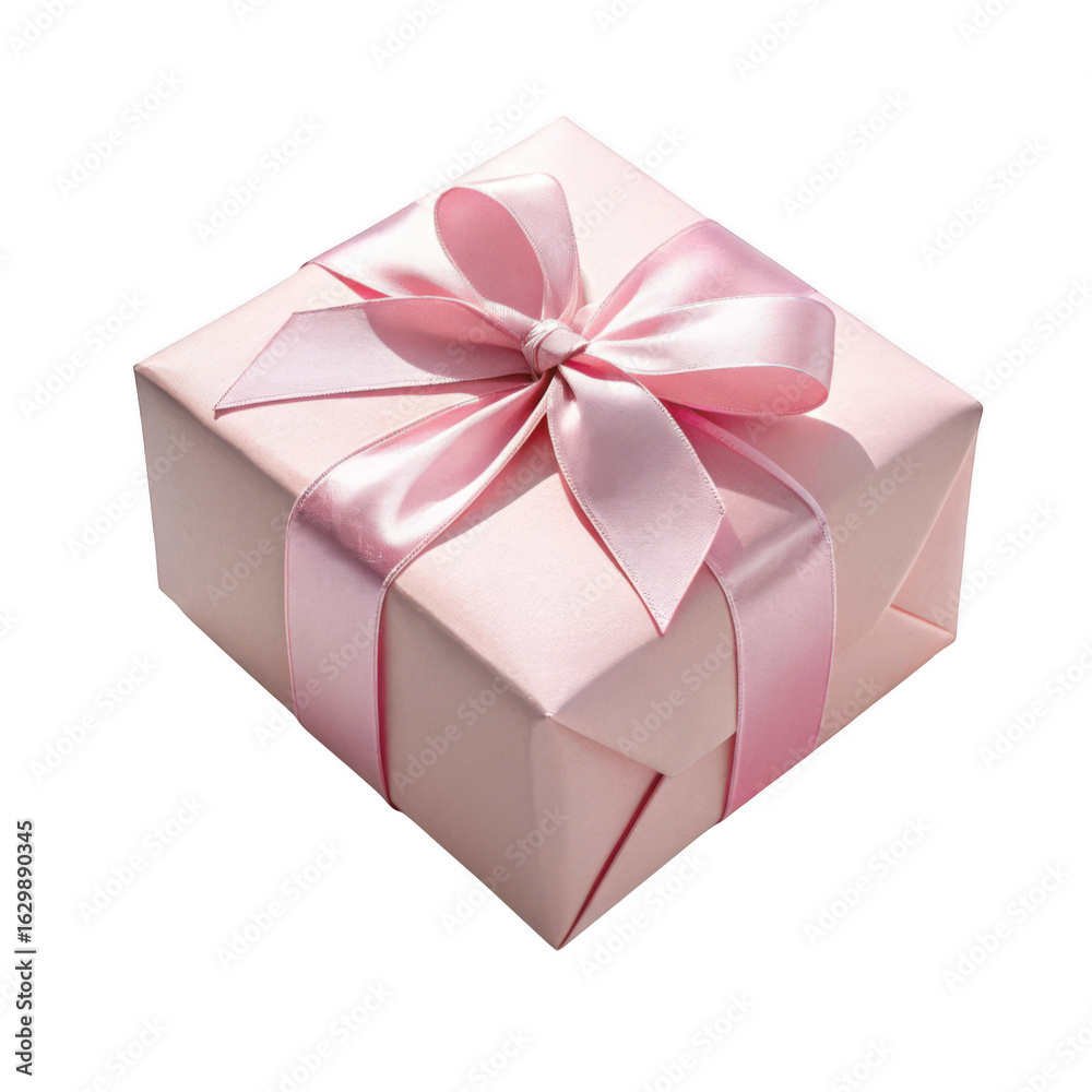 Obraz premium Elegant light pink gift box with satin ribbon bow isolated on transparent background