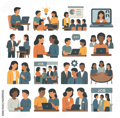 Diverse office collaboration scenes with teams in discussions and meetings