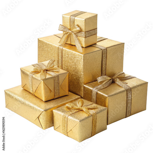 Stack of luxurious gold wrapped gift boxes with ribbons isolated on transparent background